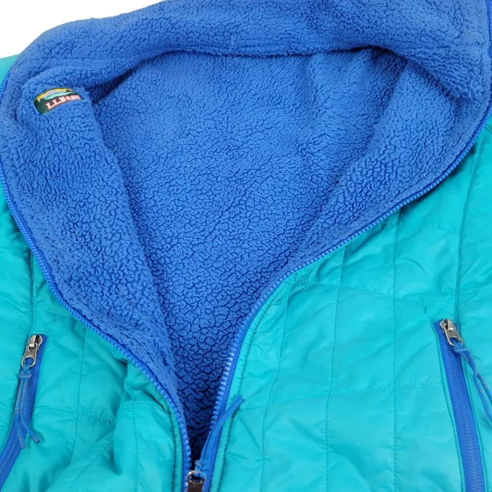 LL Bean Girl's Puffer Jacket Blue Teal Full Zip Reversible Jacket Fleece Pockets